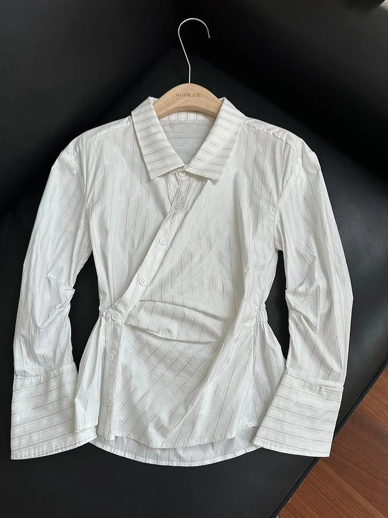 MEXZT Elegant Striped Shirts Women Vintage Irregular Long Sleeve Blouses Office Ladies Korean Chic Buttons Slim Design Tops New Aviola