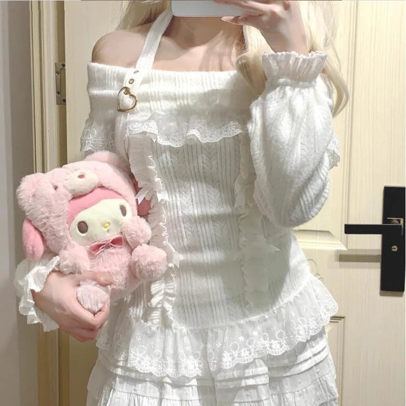 MEXZT Kawaii Pink Slash Neck Sweater Women Lolita Lace Patchwork Knitted Pullovers Y2K Cropped Halter Knitwear Aesthetic Jumpers Aviola