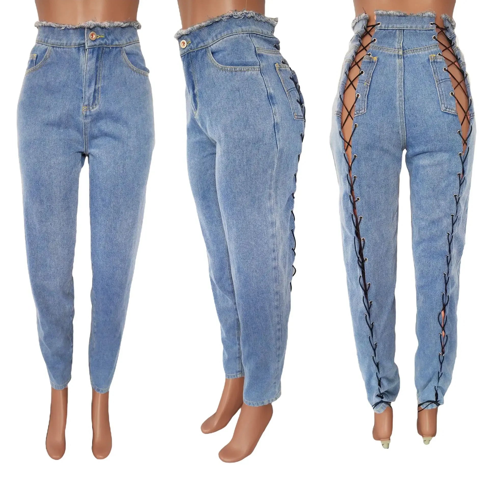 Ankle Length Jeans Hollow Spliced Sexy Jean Pencil Denim Pants Women Solid Washed Skinny Pockets High Waist Punk Style 2025 Aviola