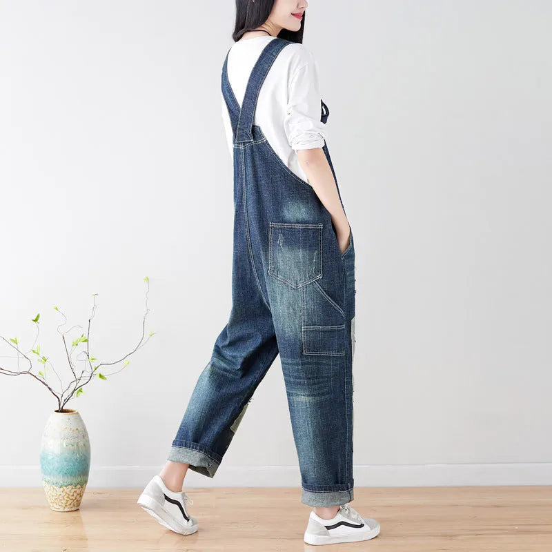 Women Jean Ripped Hole Overalls Ankle Length Denim Pants One Piece Distressed Jeans High Street Spliced Loose Washed Vintage Aviola