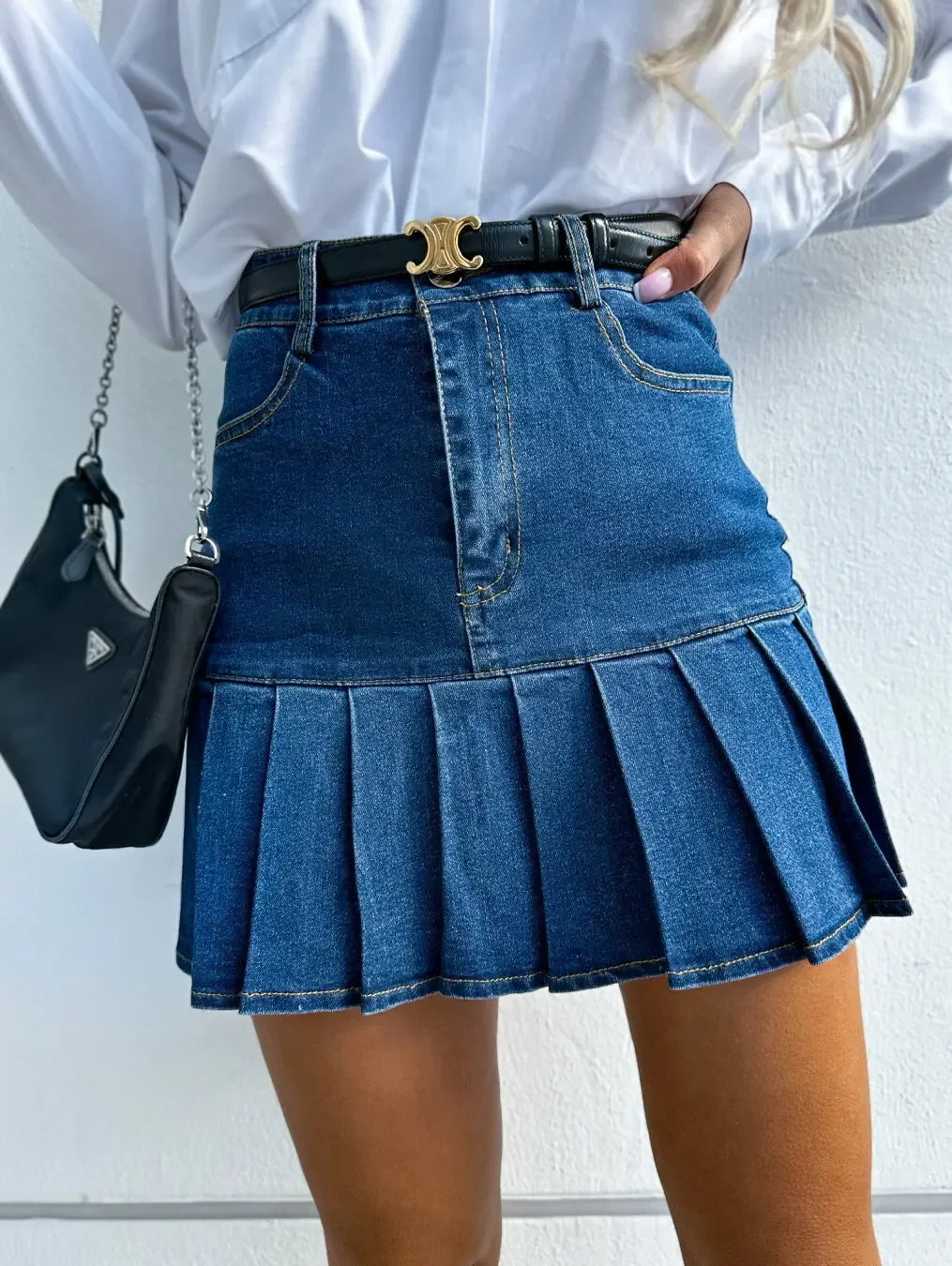 Pleated Skirt Women Vintage Denim Mini Skirts Washed Distressed Stretch High Waist Above Knee Spring Summer Y2k Jeans Streetwear Aviola