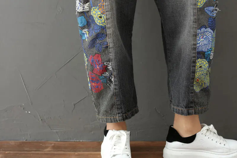 Overalls Women Suspenders Sling Jumpsuits Denim One Piece Wide Leg Long Pants High Waist Rompers Y2k Streetwear Print Floral Aviola