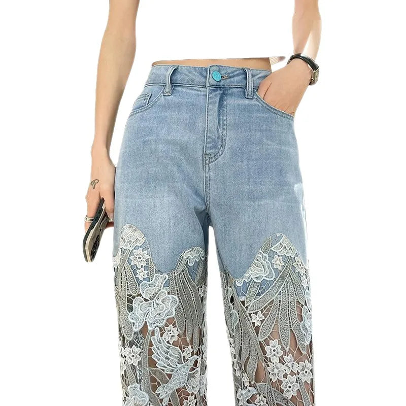 Denim Pant Women Jeans Hollow Out Floral Long Pants Slim Lace High Waist Straight Trousers Y2k Streetwear Splice Mom Party Club Aviola