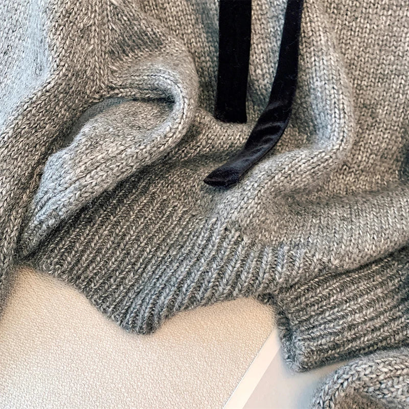 MEXZT Vintage Bow Sweater Women Streetwear Velvet Patchwork Knitted Pullovers Long Sleeve Knitwears Winter Korean Casual Jumpers Aviola