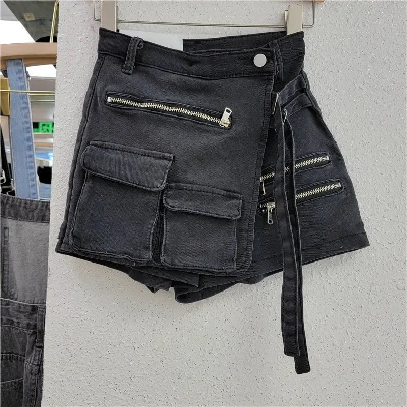 Denim Skirt Women Jeans Culottes Cargo Shorts Irregular Washed High Waist Multiple Y2k Punk Streetwear Short Pants Summer 2025 Aviola