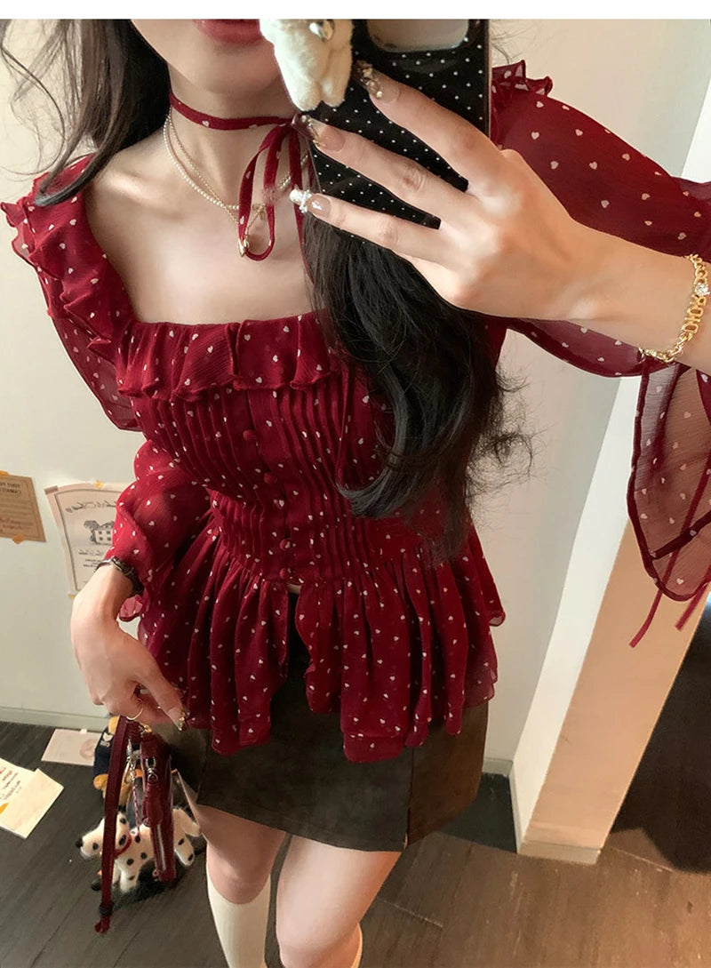MEXZT Vintage Polka Dots Shirts Women Elegant Red Ruffles Lace Up Blouses Summer Korean Square Collar Long Sleeve Design Tops Aviola