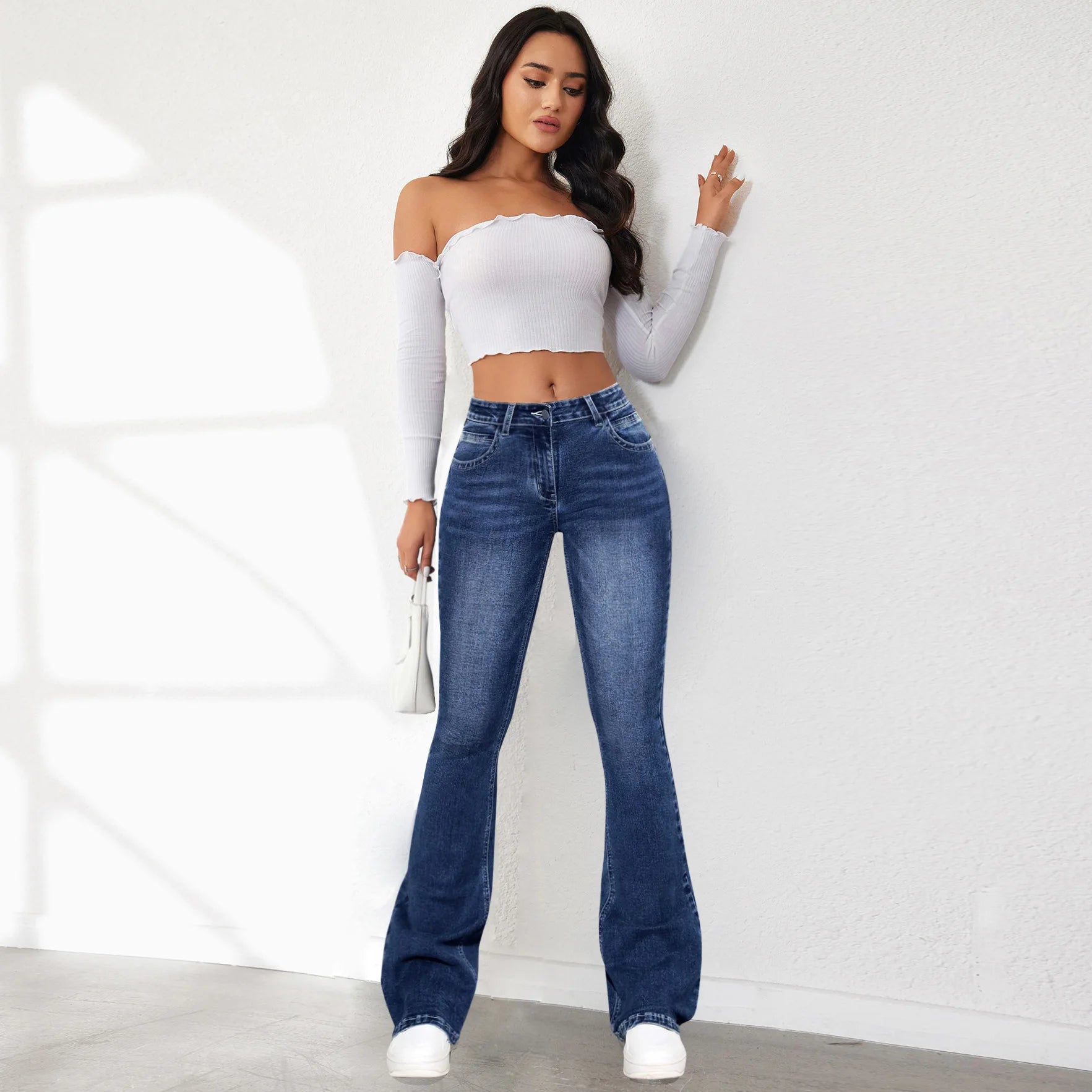 Women Jeans Slim Fit Flare Pants Denim Washing Pockets High Waist Solid Ankle Length Boot Cut Streetwear Casual Zipper Fly Aviola