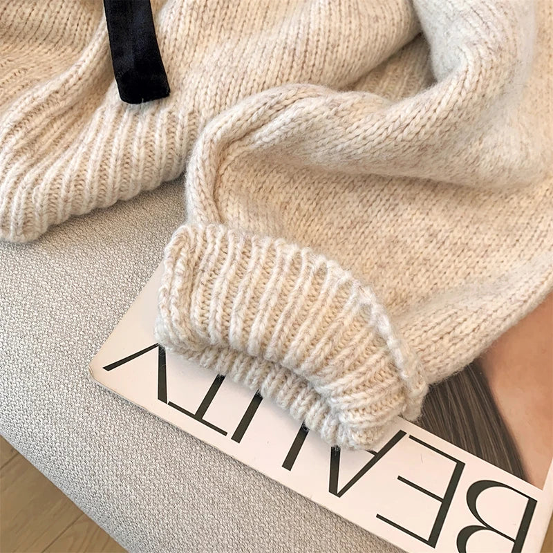 MEXZT Vintage Bow Sweater Women Streetwear Velvet Patchwork Knitted Pullovers Long Sleeve Knitwears Winter Korean Casual Jumpers Aviola