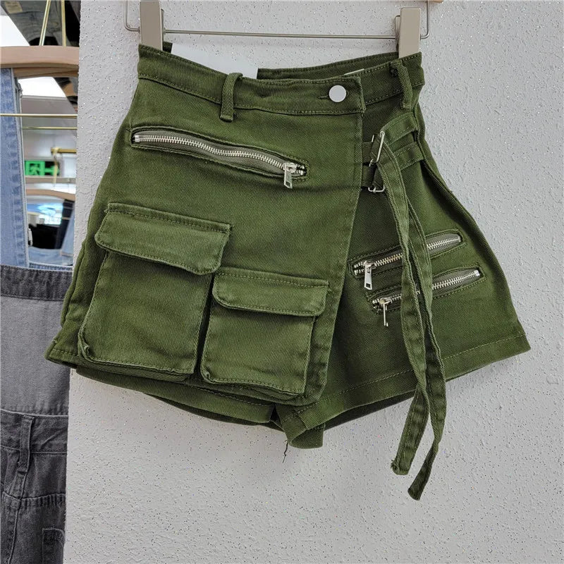 Denim Skirt Women Jeans Culottes Cargo Shorts Irregular Washed High Waist Multiple Y2k Punk Streetwear Short Pants Summer 2025 Aviola
