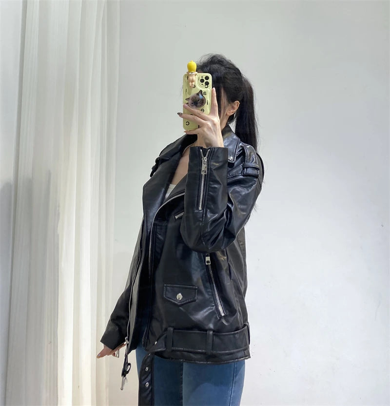 RARF  New 2024 Women's motorcycle leather PU imitation leather loose jacket black jacket Aviola