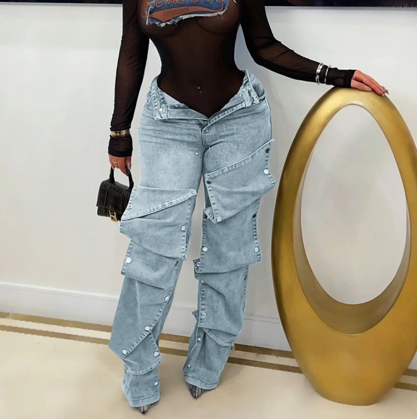 Jeans Denim Pants Women Straight Button Pockets High Waist Mom Floor Length Washed Distressed Strech Trousers 2025 Streetwear Aviola