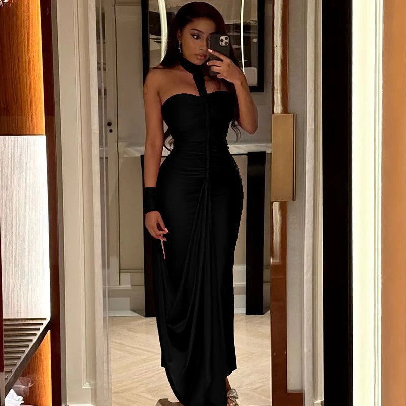 Nibber Elegant Halter Maxi Dress Women Backless Skinny Solid Hand Strap Hem Summer Trend Sexy Vacation Birthday Party Vestidos Aviola