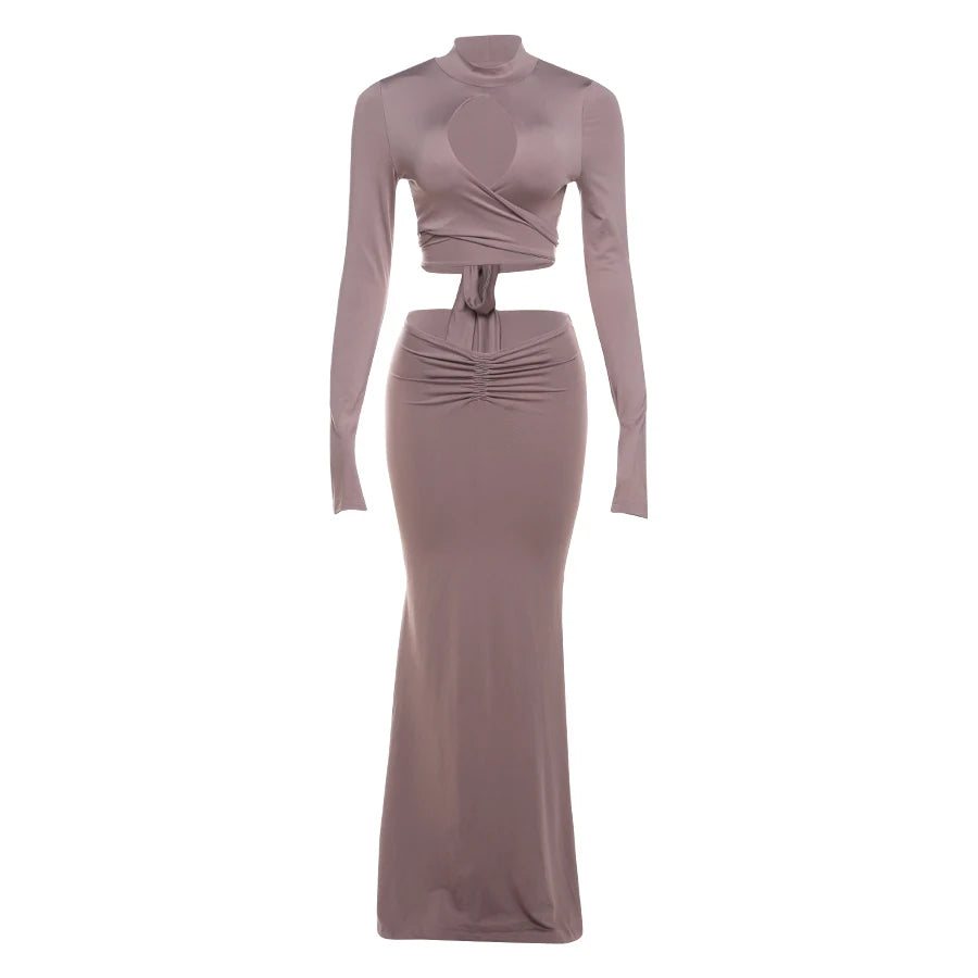 Nibber Elegant Fall 2 Piece Set Women Hollow Cross Bandage Full Sleeve Crop Tops+Ruched Maxi Bodycon Skinny Trend Matching Suits Aviola