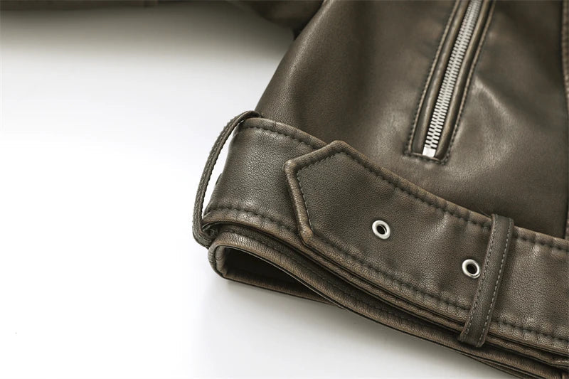 Chaqueta de cuero lavado con cinturón para mujer, abrigo corto con cremallera degradada y cuello vuelto Vintage, chaqueta elegan Aviola