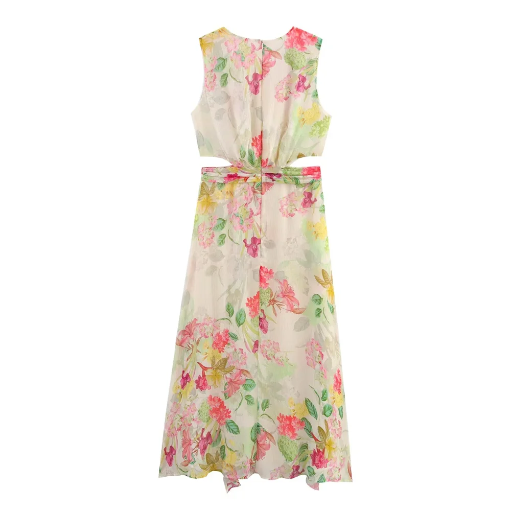 BM&MD&ZA2025layered decorative V-neck sleeveless flower print waistless design dress A-line skirt summer new women's clothing Aviola