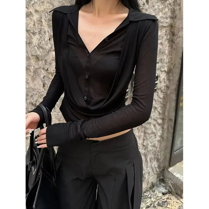 MEXZT Y2K Coquette Black T Shirts Women Sexy Cropped V Neck Sheer Tops Gyaru Aesthetic Korean Fake Two Piece Long Sleeve Tees Aviola