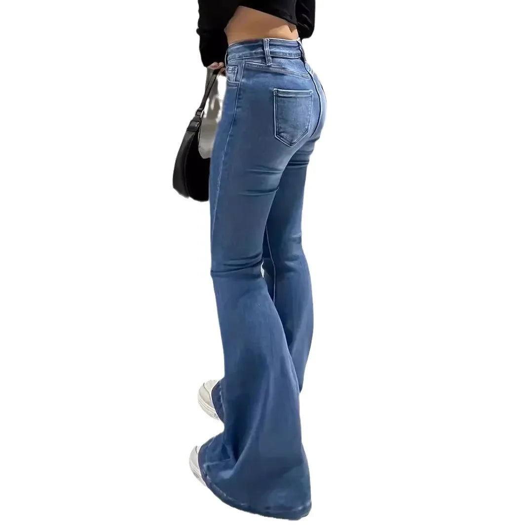 Flare Pants Women Jeans High Waist Streetwear Trousers Skinny Stretch Distressed Washed Pocket 2025 Y2k Mom Jeans Vintage Denims Aviola