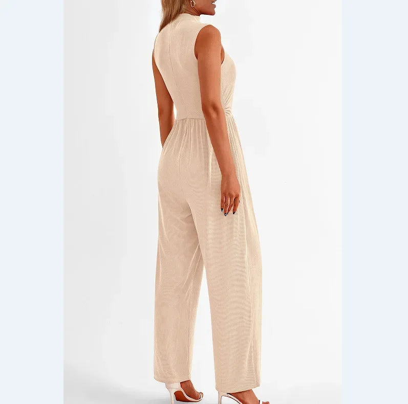Women Jumpsuits One Piece O Neck Sleeveless Rompers Overalls Solid Wide Leg Pants Pockets High Waist Ankle Length Basics 2025 Aviola