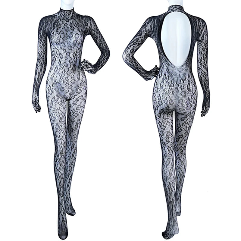 Exotic Baby Doll Costumes Sexy Crotchless Lingerie Women Backless Cutout Babydoll Chemises Mesh Sheer Leopard Print Bodystocking Aviola