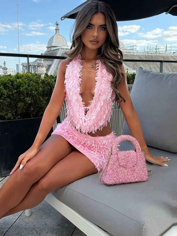 Nibber Slim Sequin Tassels 2 Piece Set Women Sexy Swing Collar Tank Tops+Peach Hip Skits Midnight Summer Birthday Party Clubwear Aviola