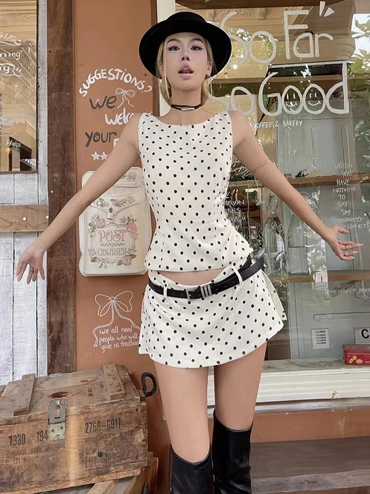 Nibber Polka Dot Print 2-Piece Set Women Backless Bandage Vest+Side Slit Mini Skirt skinny Sexy High Street Fashion Summer Suit Aviola