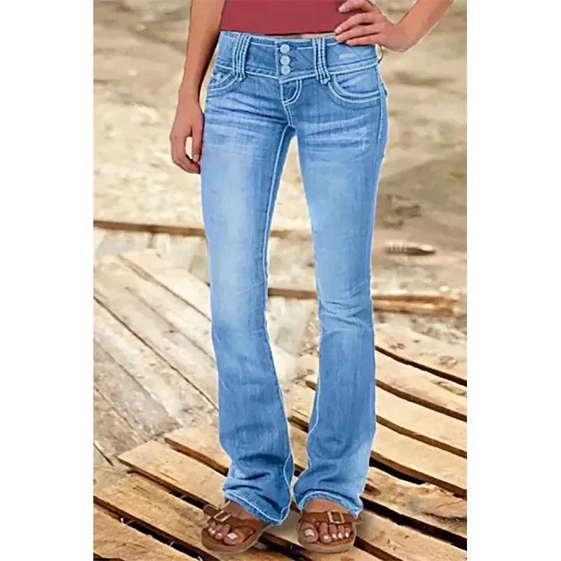 Mid Waist Flared Jeans Women Button Casual Straight Leg Pants New 2023 Summer Pocket Hole Female Loose Office Lady Slim Pants Aviola