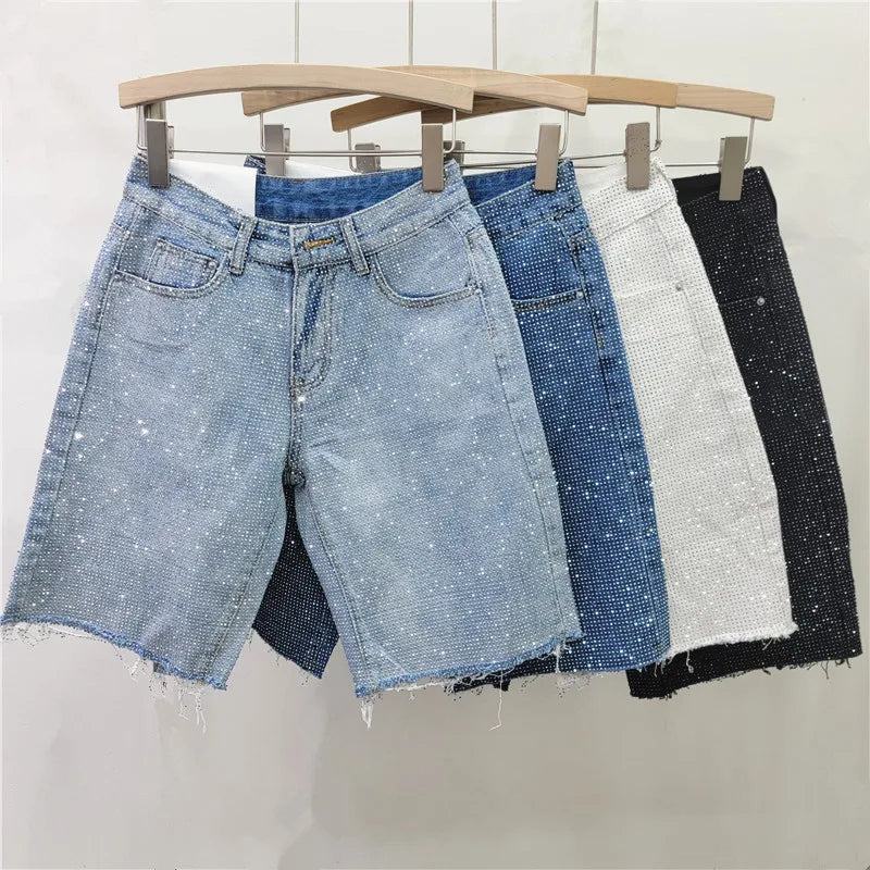 Denim Shorts Women Short Pants Diamonds High Waist Distressed Washed Y2k Punk Knee Length Streetwear Summer 2025 Straight Jeans Aviola
