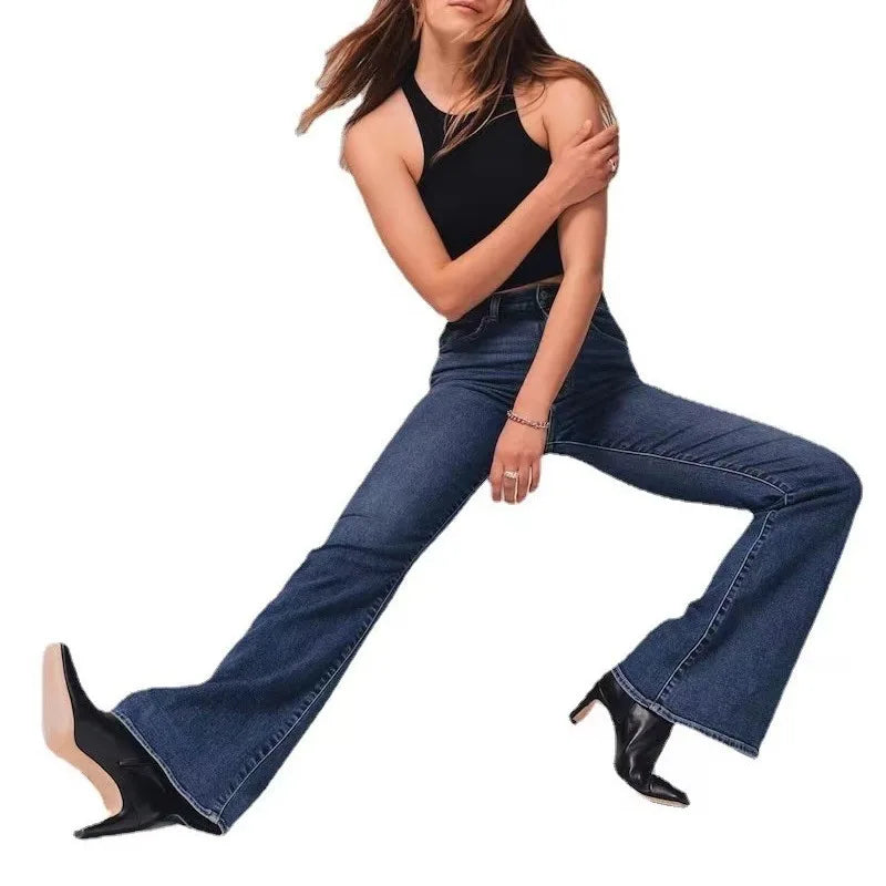 Women Jeans Flare Pants Denim Washing Loose Fit Bootcut Pockets High Street Slight Strech Solid Full Length Spring 2024 Aviola