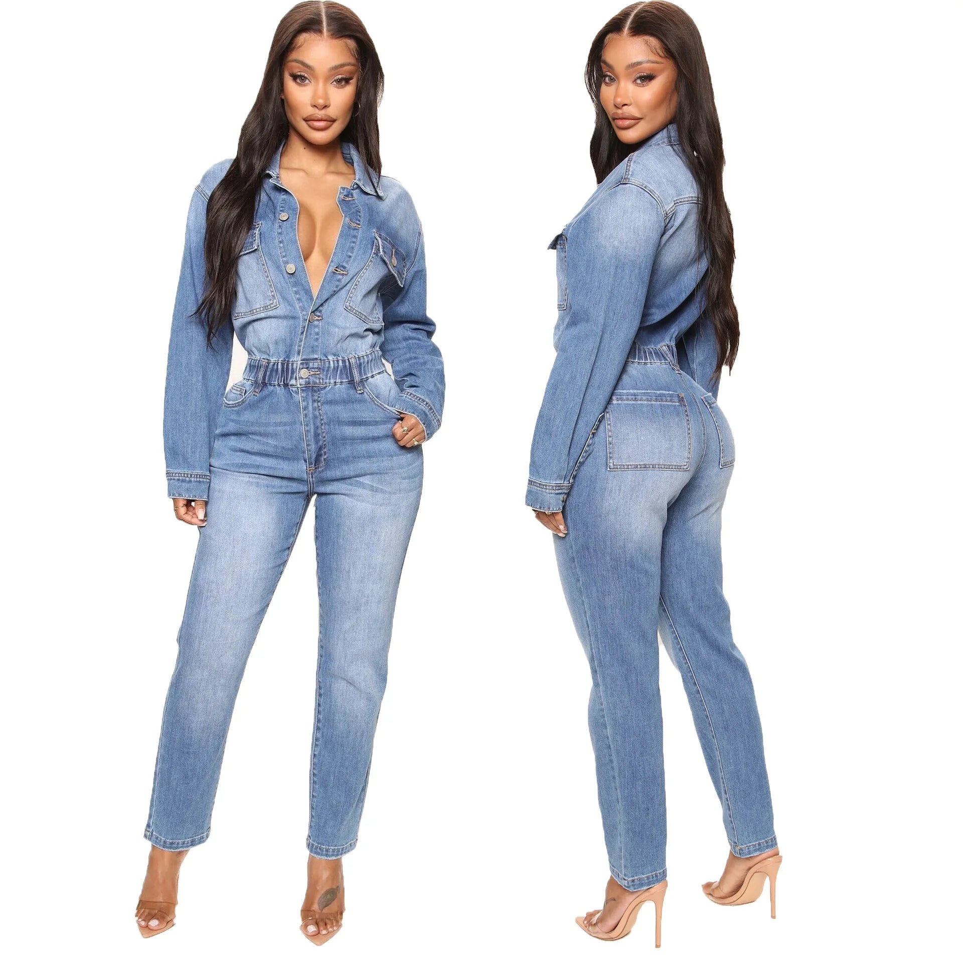Women Jeans Jumpsuits Single Breasted Solid Denim Washing Overalls Pockets High Street Button Pencil Pants Ankle Length Aviola