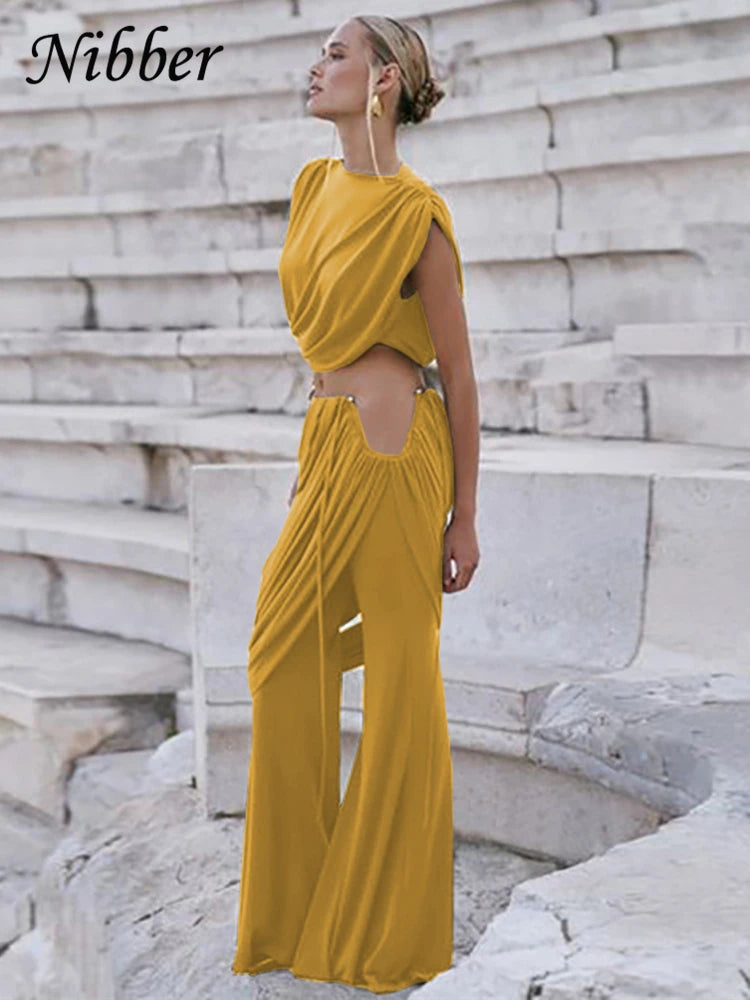 Nibber Classic 2 Piece Set Elegant Ruched Summer Women Chic Irregular Tank Tops+Skirts Pants Matching Casual Basic Streetwear Aviola