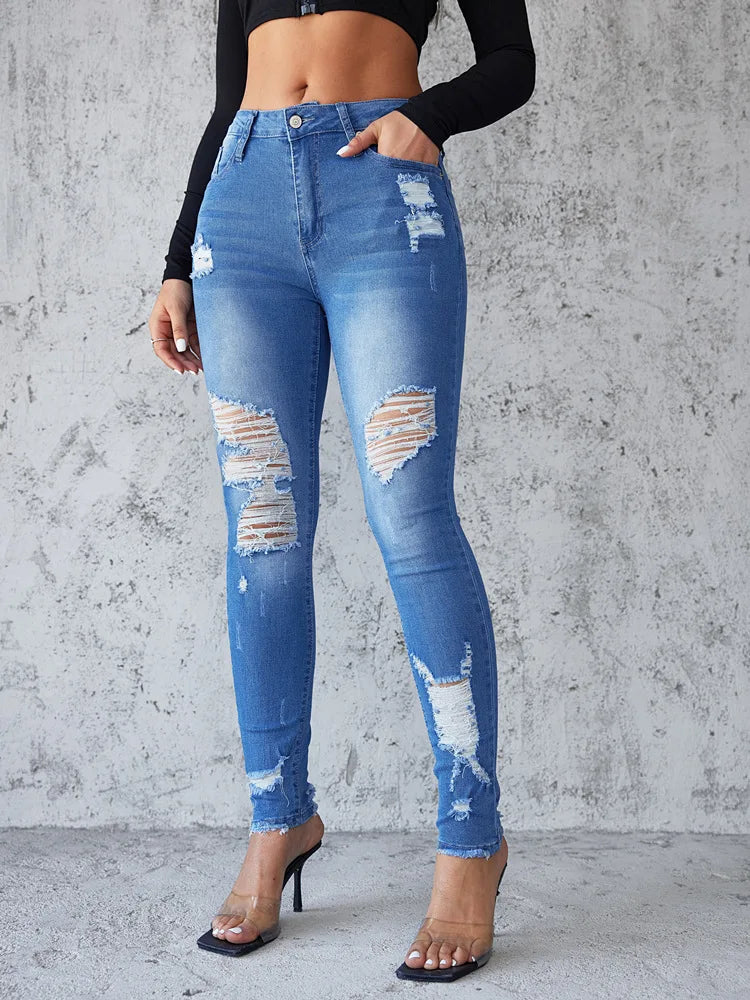 Ankle Length Ripped Hole High Waist Jean Sheath Pencil Denim Pants Skinny Solid Pockets Streetwear Distressed Vintage Slim Aviola
