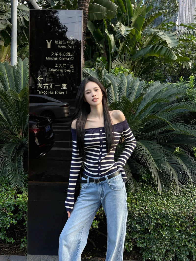 MEXZT Vintage Striped Sweater Women Sexy Cropped Slash Neck Knitted Pullovers Streetwear Korean Knitwears Winter Ladies Jumpers Aviola