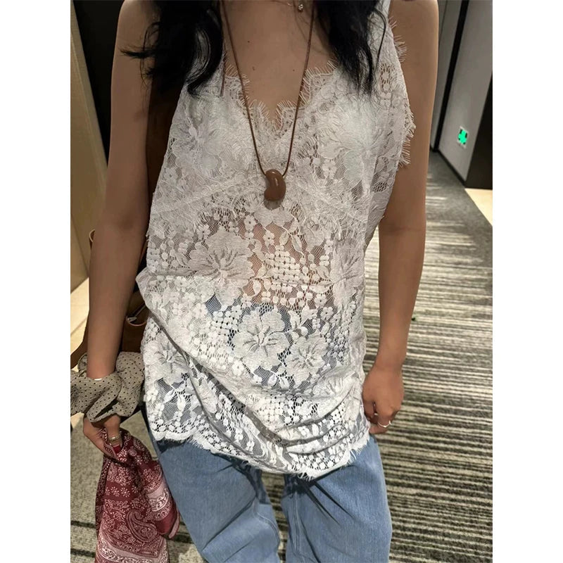 MEXZT Lace Sheer White Tank Top Women Y2K Sexy V Neck Black Camis Fashion Gyaru Streetwear Korean Hollow Out Design Casual Tees Aviola