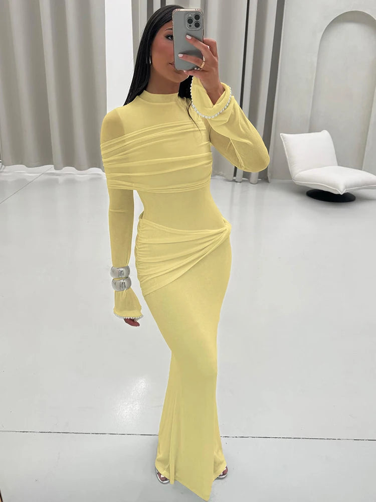 Nibber o-Neck Maxi Dress Women Mesh Long Sleeves Folds Elegant Temperament Autumn Trend Skinny Solid Banquet Simple Vestidos Aviola