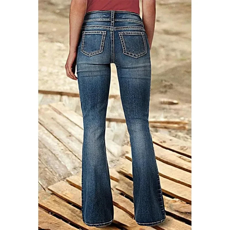Mid Waist Flared Jeans Women Button Casual Straight Leg Pants New 2023 Summer Pocket Hole Female Loose Office Lady Slim Pants Aviola