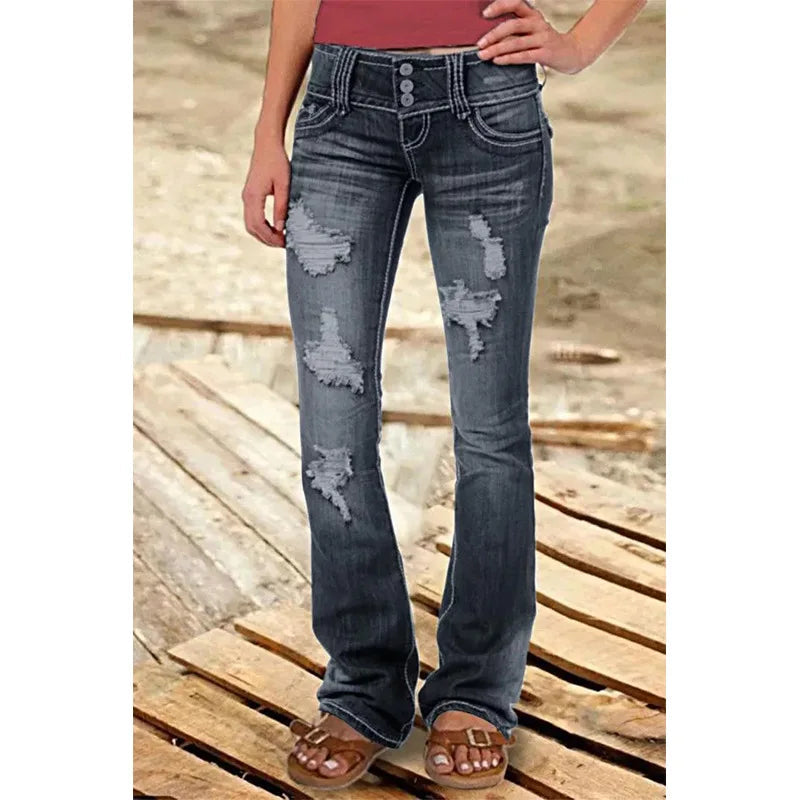 Mid Waist Flared Jeans Women Button Casual Straight Leg Pants New 2023 Summer Pocket Hole Female Loose Office Lady Slim Pants Aviola