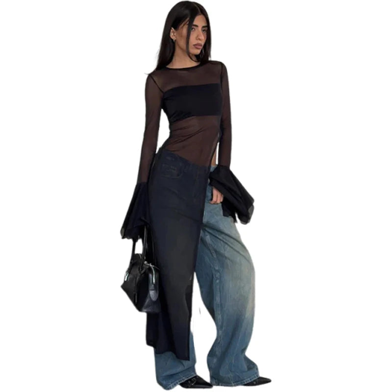 Nibber Irregular Hem t-Shirt Women Patchwork Sexy o-Neck Flared Sleeves Summer Daily Fashion Midnight Skinny Hottie Long Tops Aviola