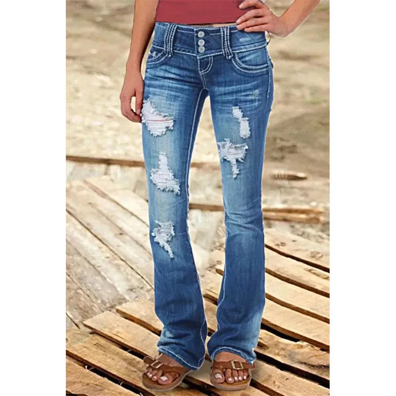 Mid Waist Flared Jeans Women Button Casual Straight Leg Pants New 2023 Summer Pocket Hole Female Loose Office Lady Slim Pants Aviola