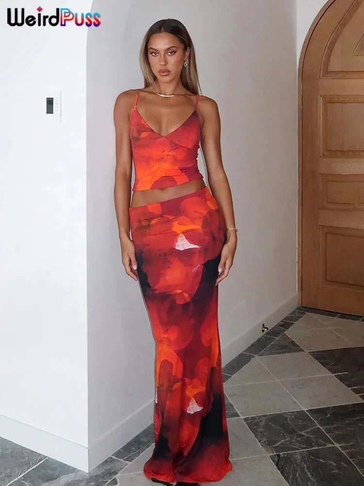 nibber Tie-Dye Print 2 Piece Set Women Summer Y2K Fashion Hipster Elegant V-Neck Camisole+Maxi Skirts Matching Streetwear outfit Aviola