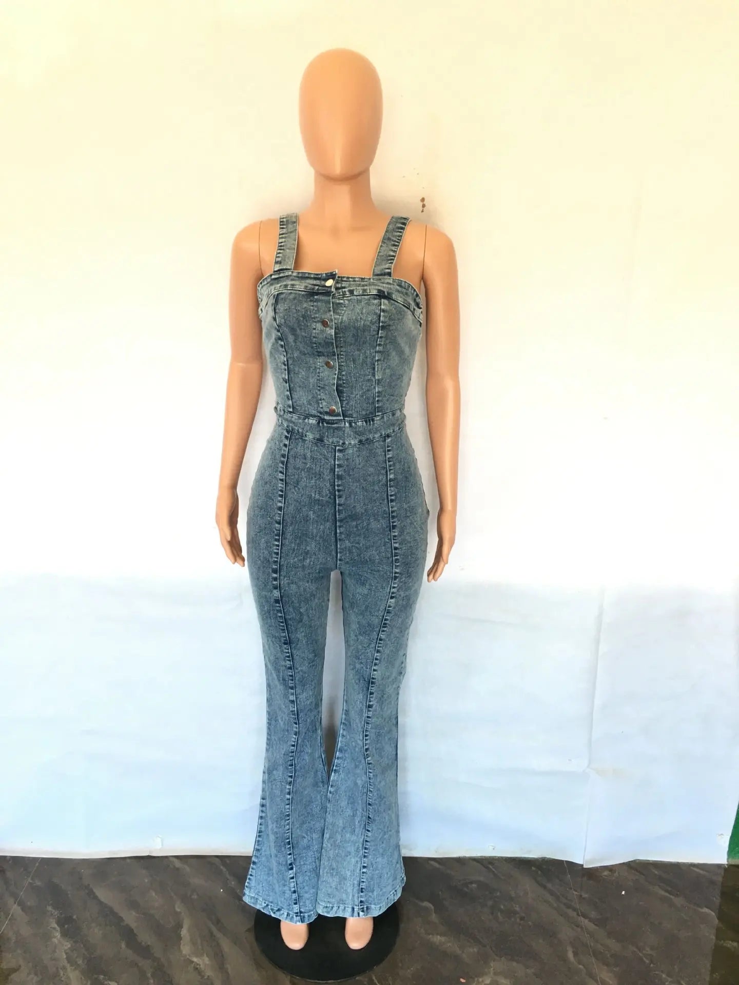 Women Jeans Rompers Sexy Overalls Jumpsuits Square Collar One Piece Solid Flare Pants Ankle Length Baics Spliced Button Aviola