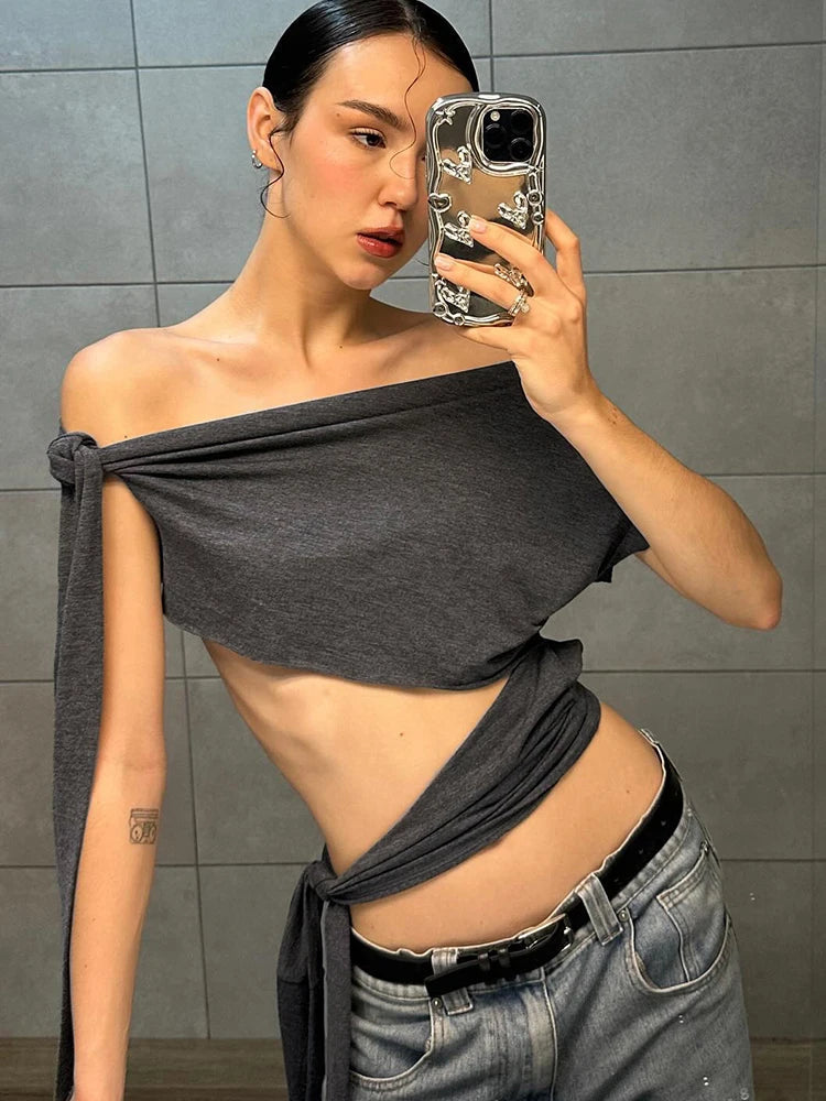 Nibber Hottie Hollow Bandage Tank Tops Women Ribbon One Shoulder Solid Summer Trend Wild Midnight Club Skinny Irregular Vest Aviola