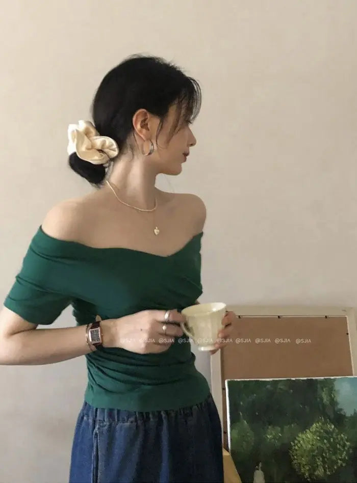 MEXZT Vintage Slash Neck T Shirts Women Streetwear Sexy Cross White Crop Tops Summer Korean Elegant Short Sleeve Design Tees New Aviola