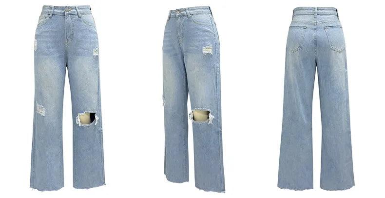 Women Jeans Ankle Length Holes Loose Flat Straight Pants Zipper Fly Pockets Solid Color High Street Slight Strech Denim Aviola