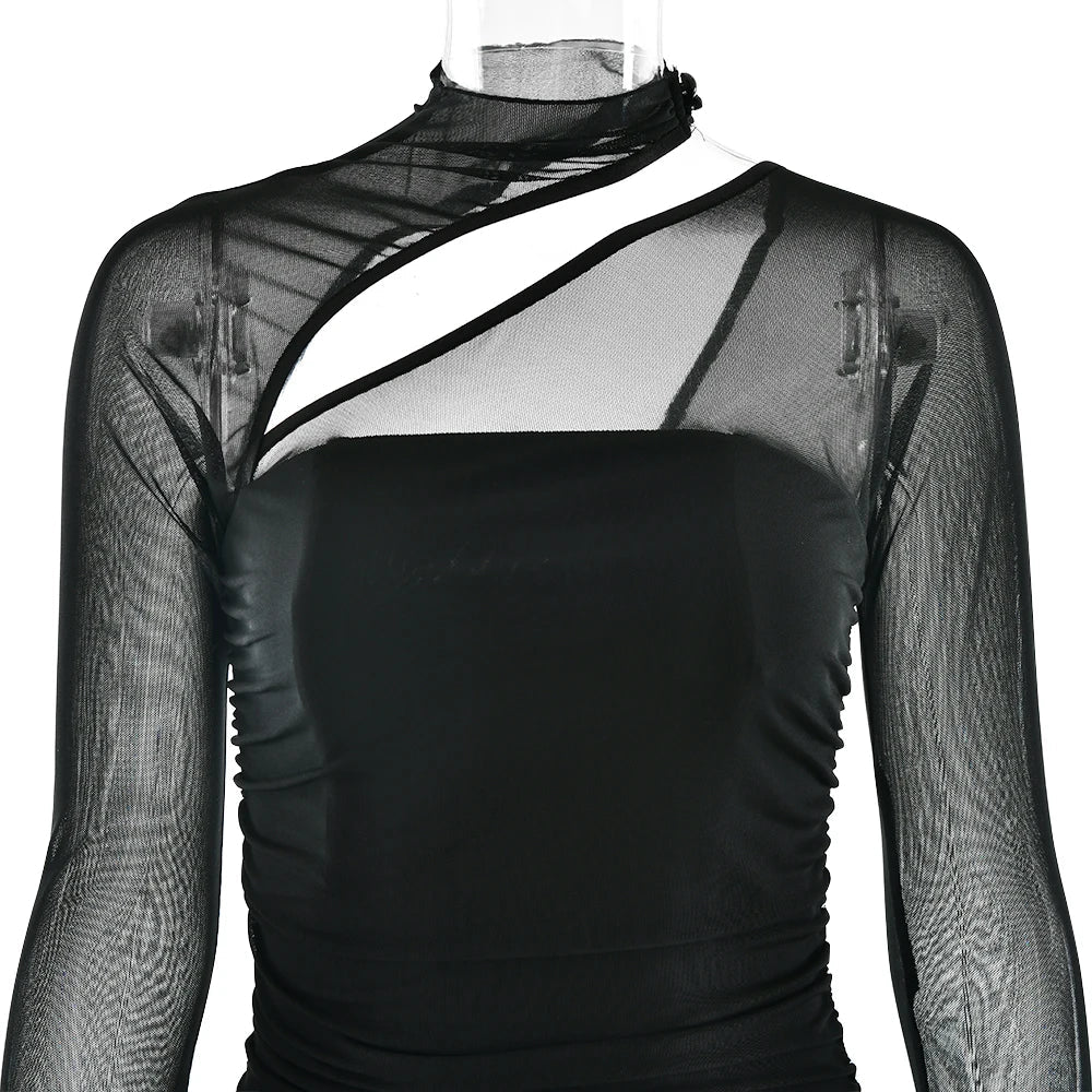 Nibber Mesh Patchwork Women Dress Long Sleeves Elegant Temperament Irregular Diagonal Collar Folds Zipper Stretch Long Bodycon Aviola