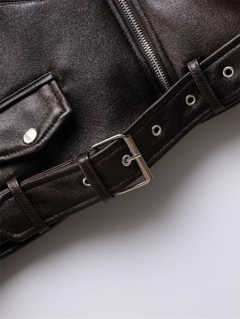 Dark brown Coal graysty le Women's washed leather jacket with belt, short coat with downgraded zipper and vintage lapel jacket Aviola