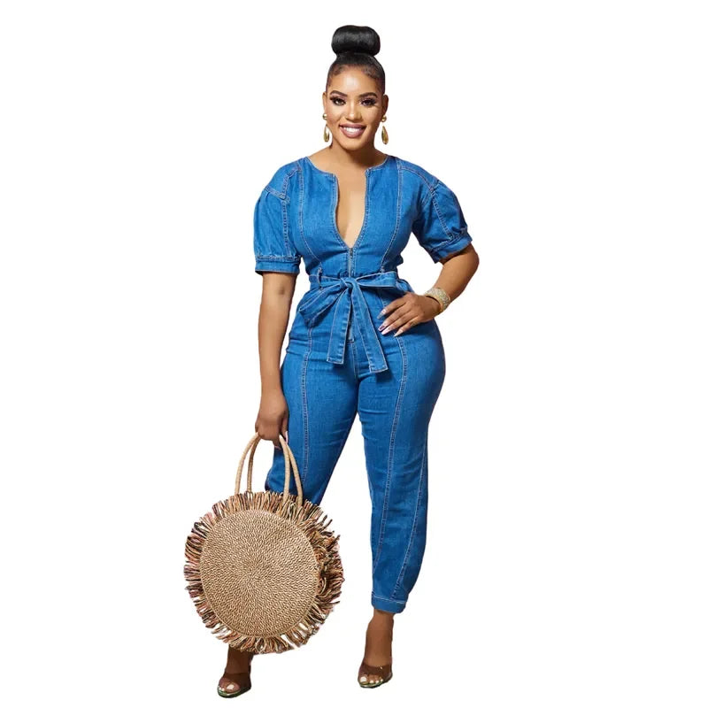 Sexy Denim Jumpsuit for Women Lace-up Pencil Pant Jeans Short Sleeve Sashes Long Rompers Playsuits One Piece Overalls Outfits Aviola