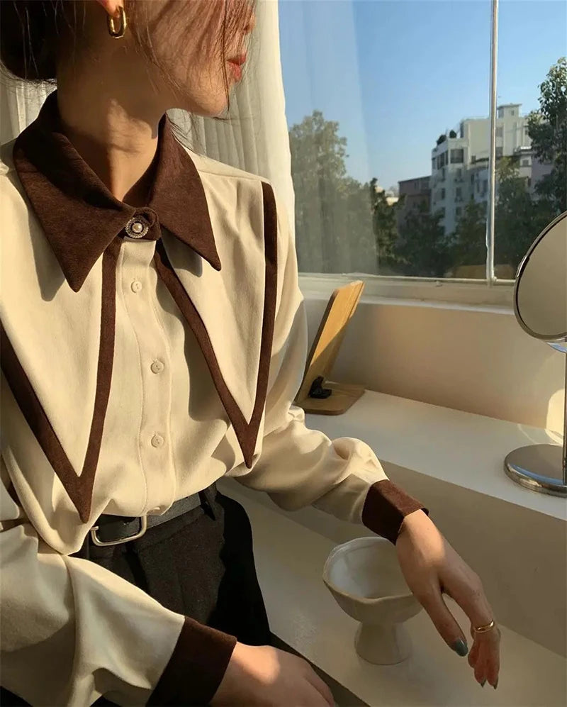 MEXZT Vintage Elegant Shirts Women Chiffon Patchwork Ruffle Turn Down Collar Long Sleeve Blouse Korean Office Lady Loose Tops Aviola