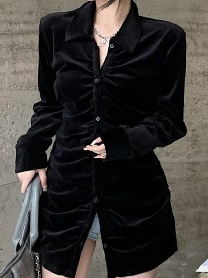 MEXZT Vintage Shirts Women Black Velvet Pleated Blouses Korean Elegant Folds Turn Down Collar Long Sleeve Slim Chic Casual Tops Aviola