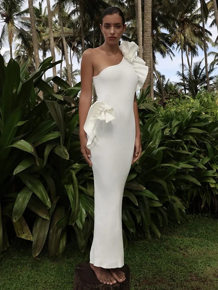 Nibber Casual Strapless Maxi Dress Women Ruched 3d Flowers Diagonal Collar Backless Holiday Crochet Elegant Fashion Vestidos Aviola