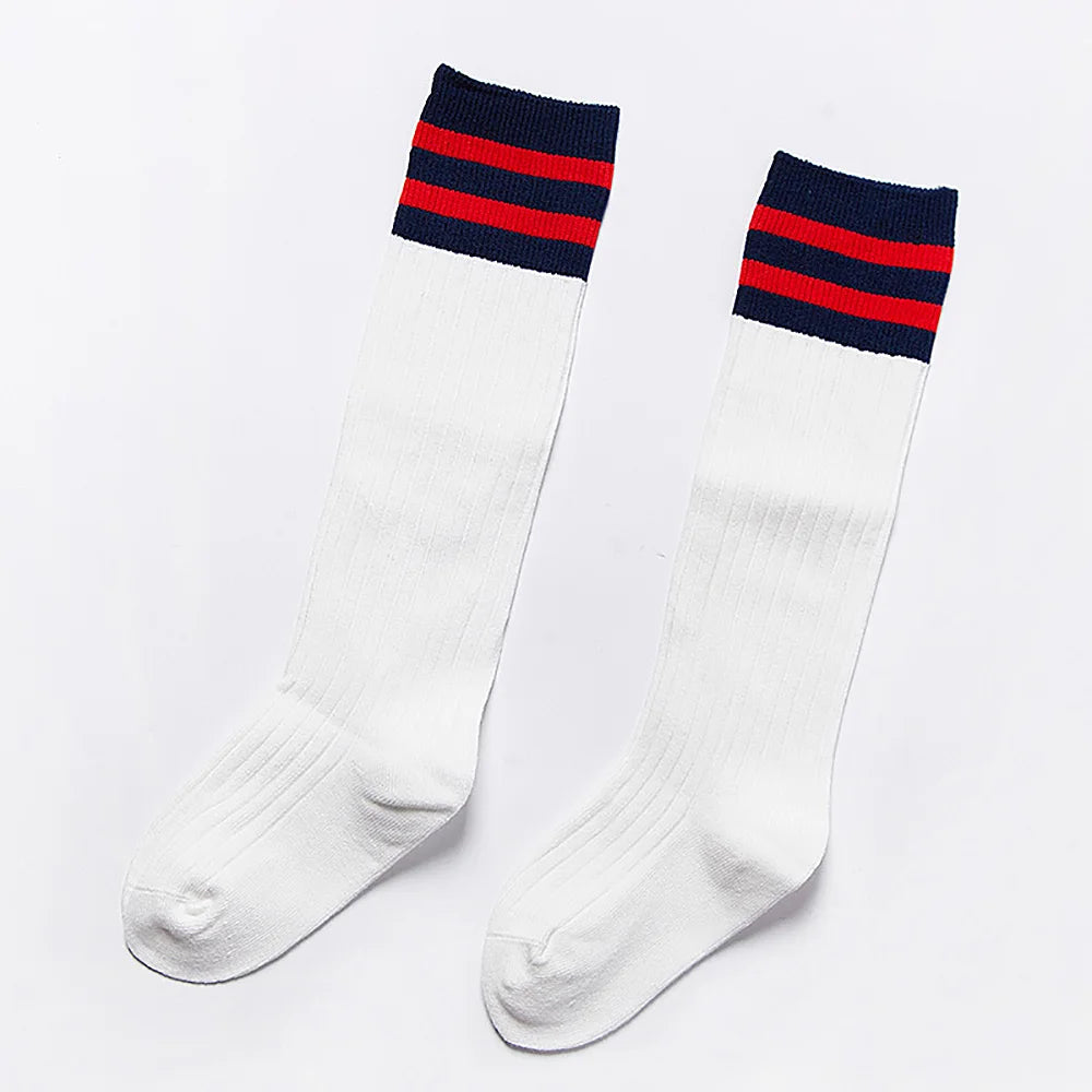 6 Pairs Students Stockings Stripe Pattern Children Sports Socks Solid Color Breathable Knee Stockings for 7-9 Years Old Aviola